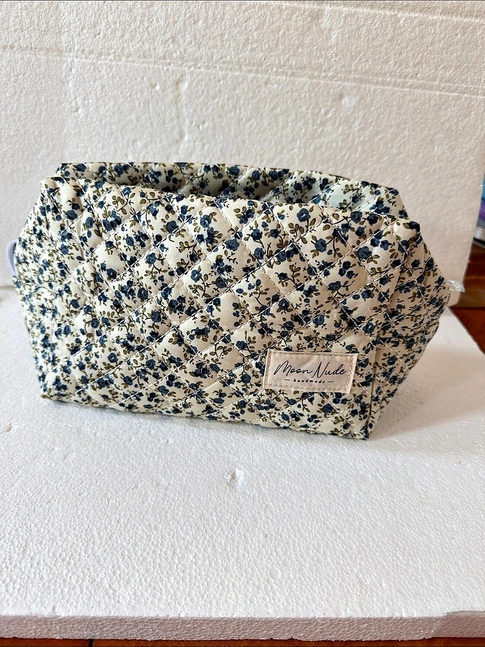 Moon Nude Large Quilted Floral Cosmetic Pouch in Cream & Blue NEW